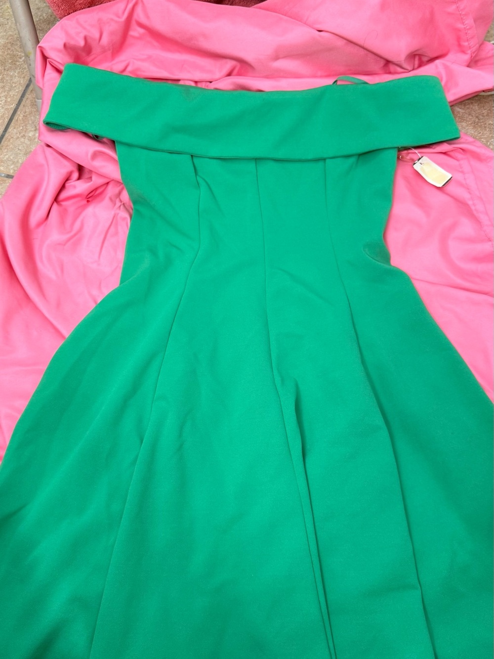 Sears Green Off-Shoulder Fit & Flare Dress with Pink Lining Visible
